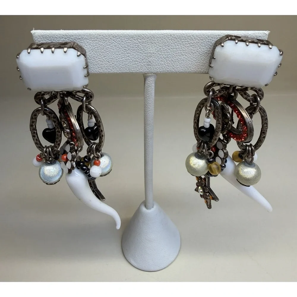 Unmarked Designer Artisan Glass Horn‎ Drop Earrings Evil Eye Star Charm Boho 3